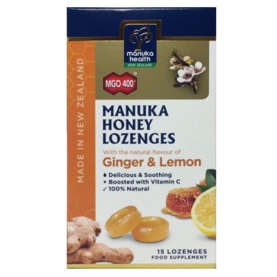 Manuka Health GingerLemon Lozenges 蜜纽康MGO400 麦卢卡蜂蜜润喉糖生姜柠檬味 15粒 
